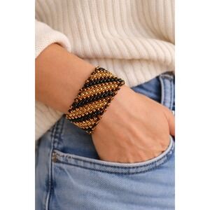 Cuff Bracelet Handmade Seed Bead Loom Wide Black Amber Gold Glass Beaded Striped